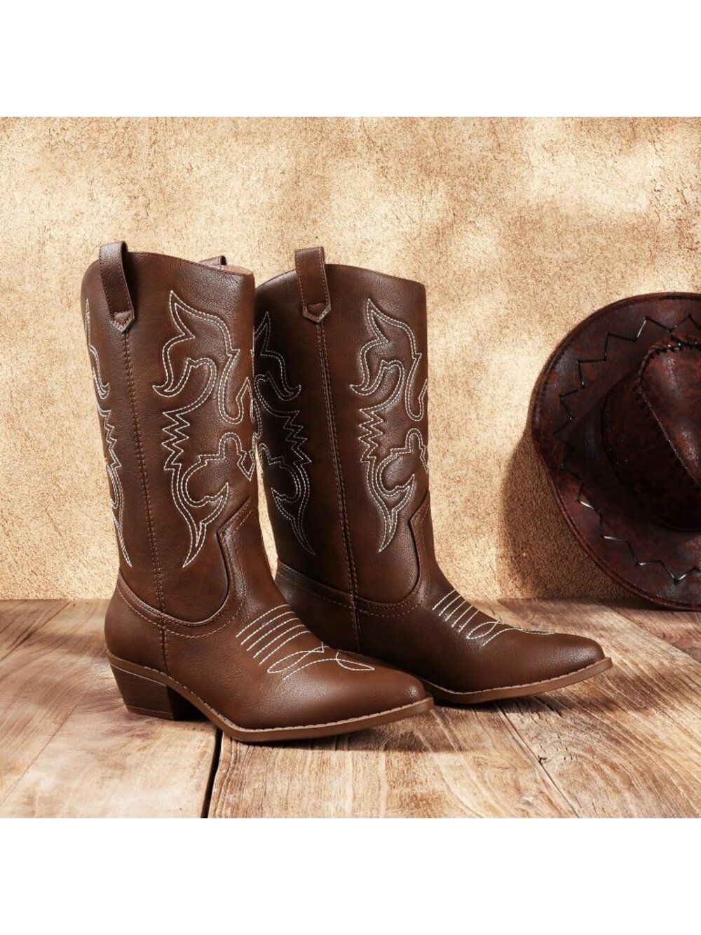Women's Brown Faux Leather Mid Calf Classic Comfort Boots - Picture 2 of 6